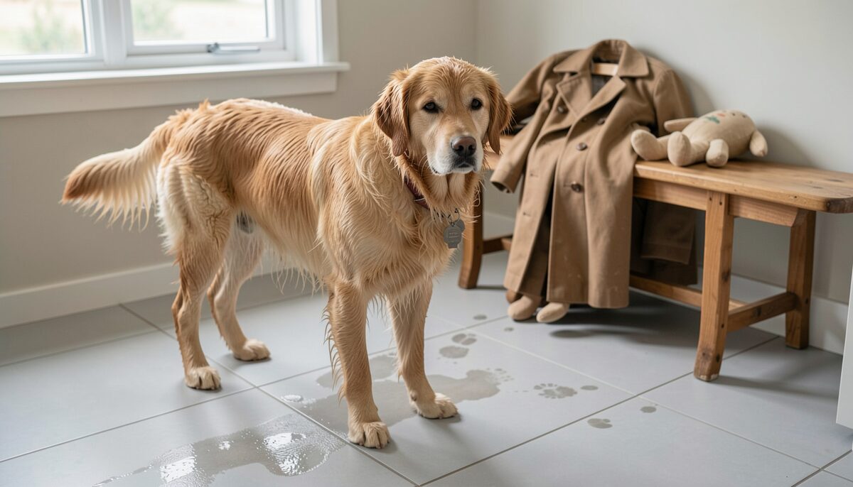 A wet golden retriever standing on a pale grey tiled boot-room floor beside a hooked waxed jacket and a canvas dummy, damp paw prints on the tiles, side window light, medium wide shot.