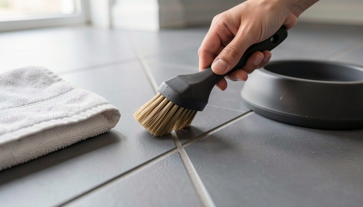 A hand with a stiff brush cleaning the narrow grout lines of a matt grey tiled floor beside a folded towel and a rubber dog bowl
