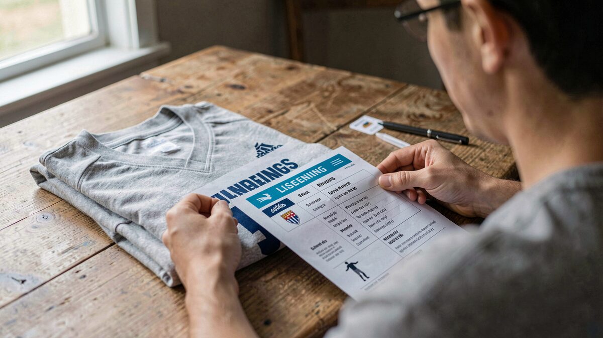 A reader at a wooden desk comparing a folded grey football jersey with a printed licensing guide, window daylight from the left, medium shot with shallow depth of field