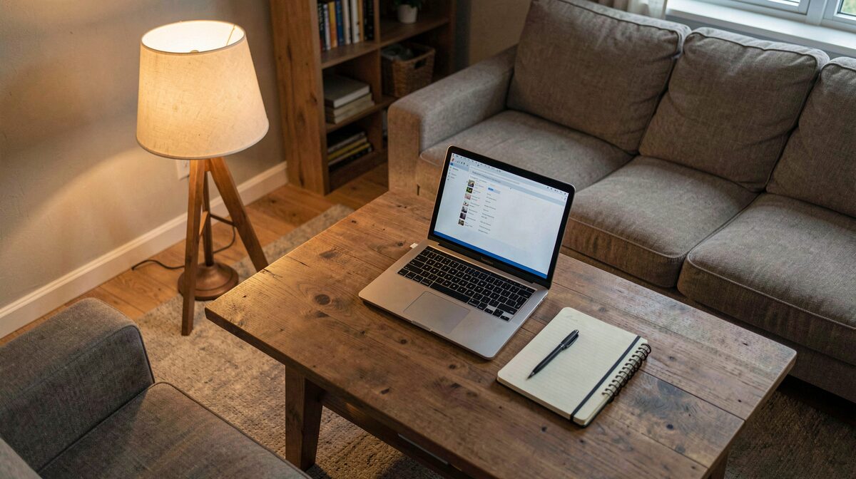 A quiet living room in the evening, a laptop on a wooden table beside a notebook and pen, a single lamp casting warm light, framed as a still life from above.