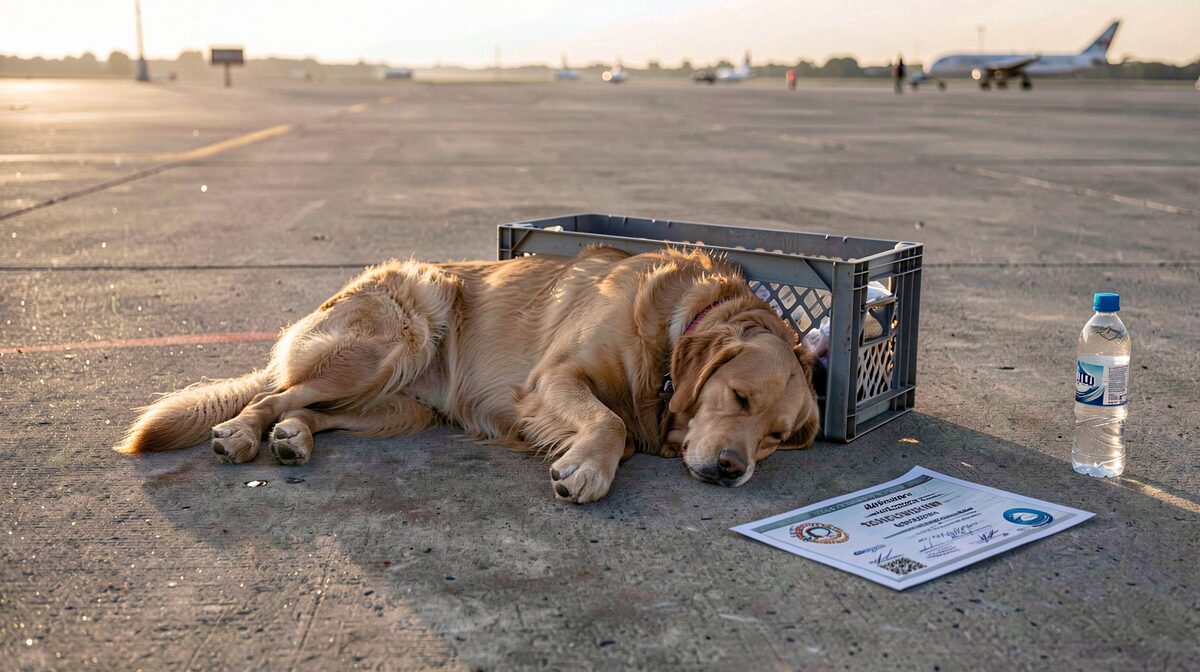 A working golden retriever lying flat in an open airline crate on a concrete apron at dawn, a folded export certificate and a water bottle on the ground beside it, soft low sun from the left, medium wide shot.