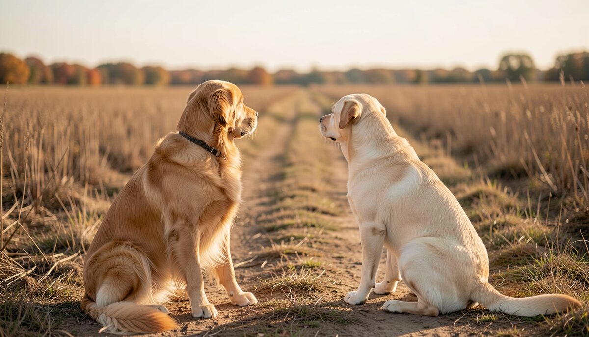 A golden retriever and a yellow labrador sitting side by side on a dirt track through stubble, both watching the same horizon