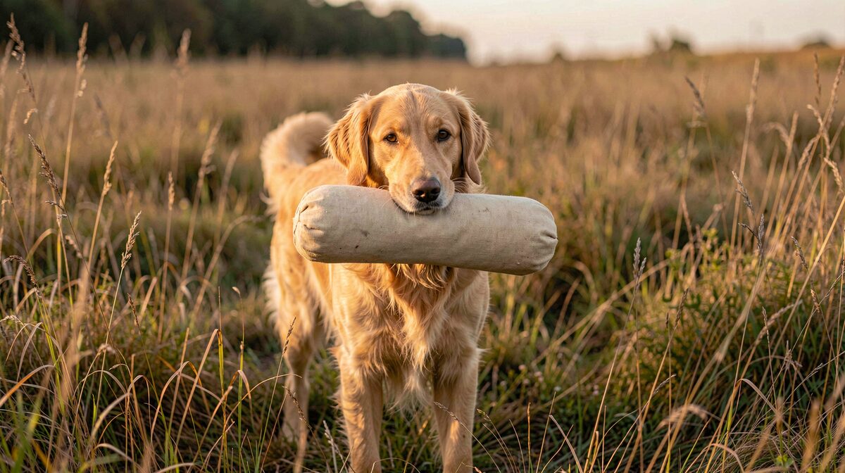 A golden retriever holding a canvas training dummy softly in its mouth on a grassy field at dusk