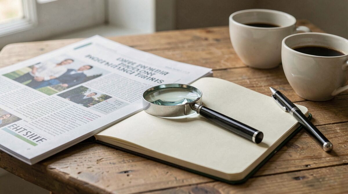 A desk in daylight with a printed article, a magnifying glass and a notebook, framed close