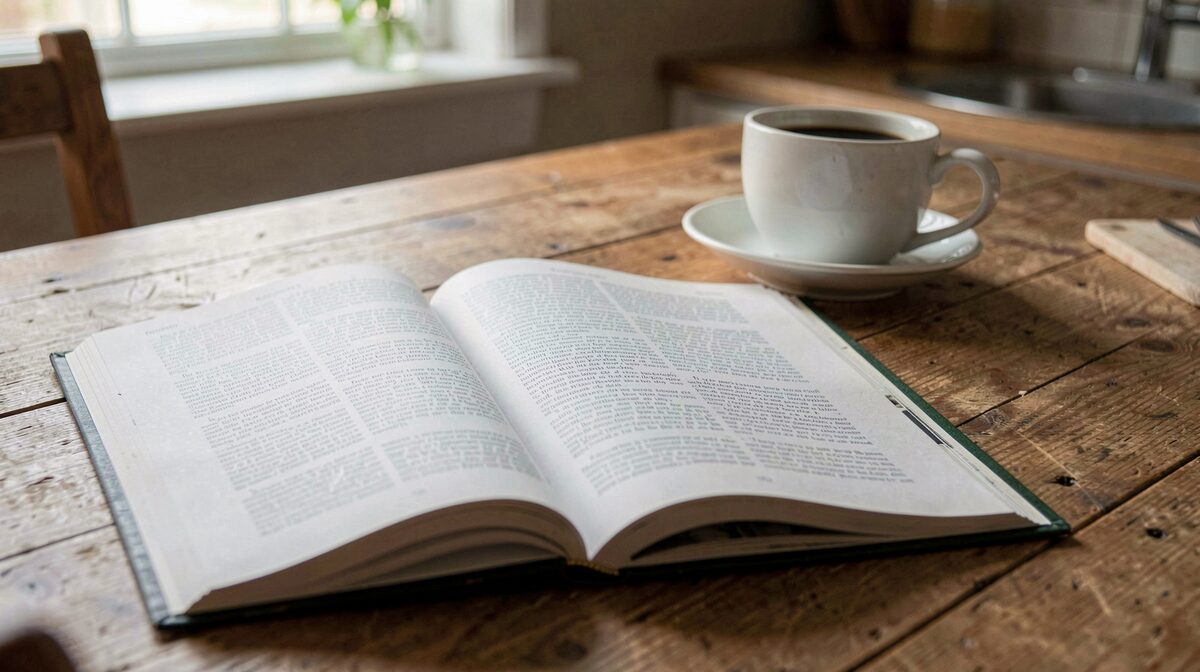 An open magazine on a wooden kitchen table beside a coffee cup, morning side light, close framing on the printed columns.