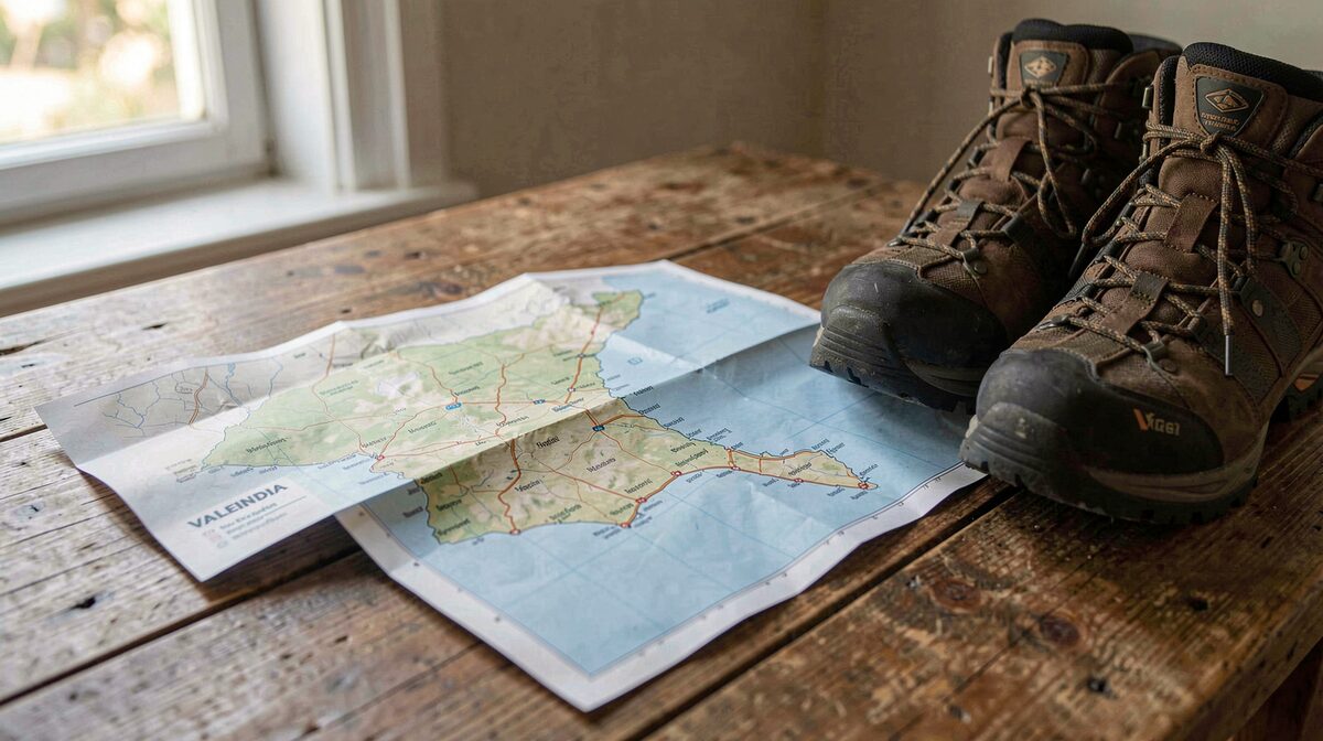 A folded paper map of inland Valencia on a wooden table beside hiking boots, morning light from a window on the left, close framing on the map contours
