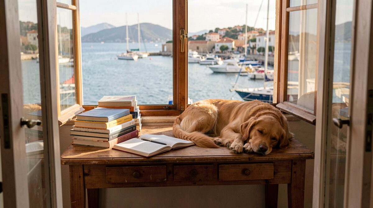 A wooden desk by a window overlooking a calm Mediterranean harbor in morning light, an open notebook and a sleeping golden retriever beside stacked reading material, wide framing from the doorway