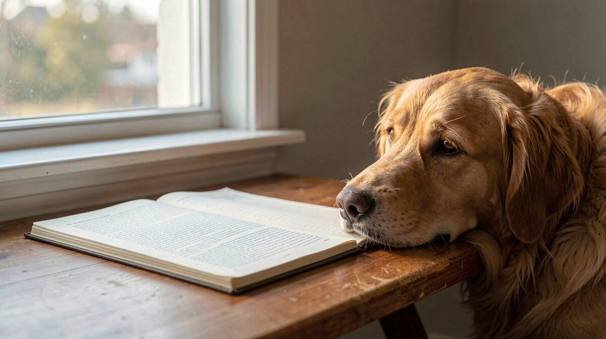 A reading desk by a window with morning light, an open notebook, a printed article, and a golden retriever resting its head on the desk edge, shot in soft natural light.