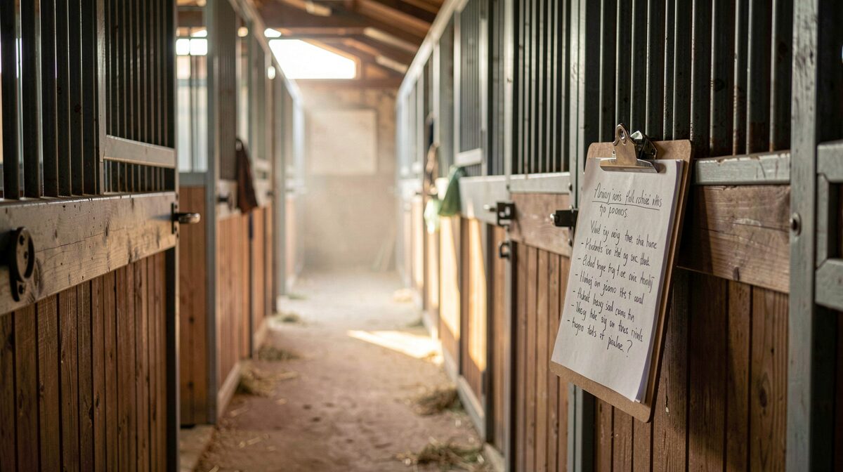 A quiet stable aisle at early morning, a clipboard with handwritten notes hanging on a stall door, soft side light, medium shot.