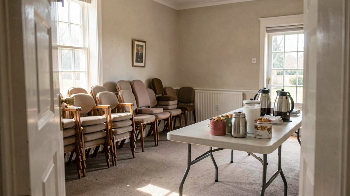 An Anglican-style parish hall in soft morning light, stacked chairs against a wall, a folding table with coffee urns and biscuit tins, framed by the doorway, shot from the entrance in natural light.