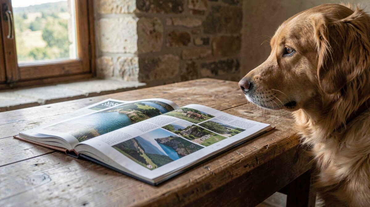 An open printed regional heritage magazine on a wooden farmhouse table in Aveyron, morning light from a stone-framed window, a dog resting at the edge of the frame, shallow depth of field.