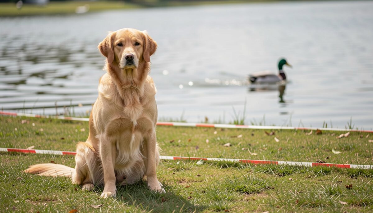 A golden retriever sitting rock-steady at a trial line while a duck lifts off the water beyond, the dog's eyes fixed forward