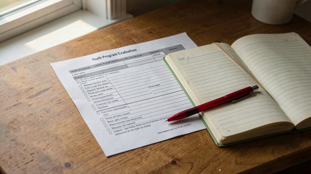 A wooden desk lit by morning window light, holding a printed youth program evaluation form, a red pen and an open notebook, framed from above at a slight angle.