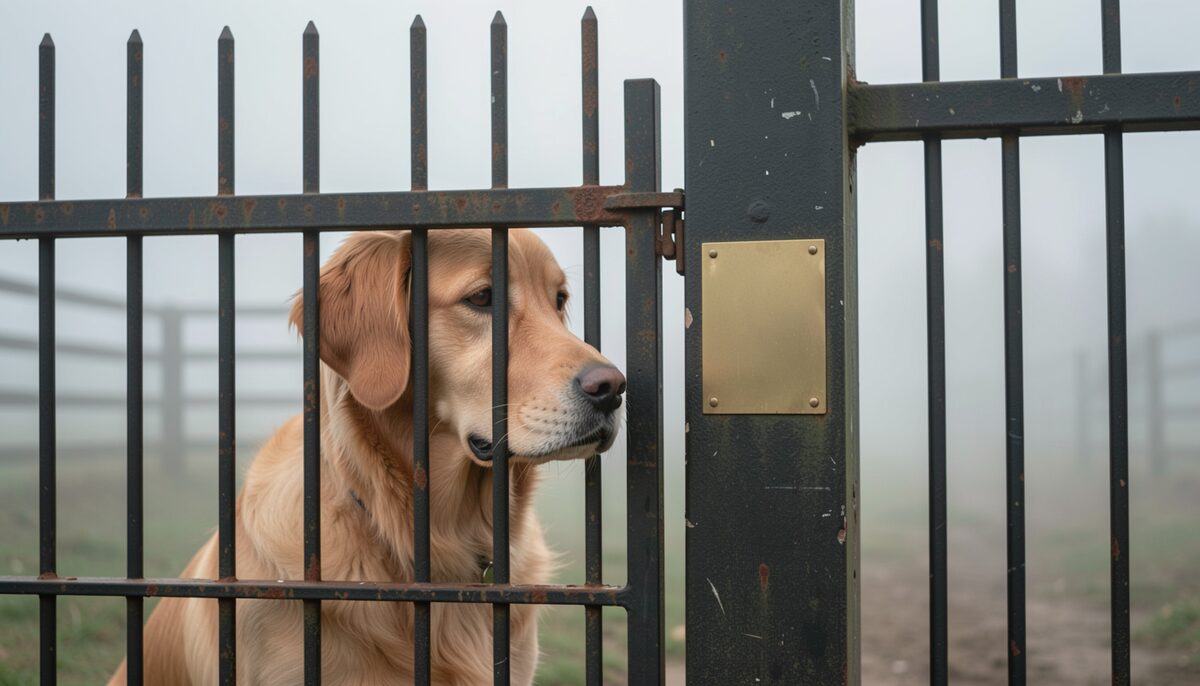 A golden retriever waiting at an old iron kennel gate hung with a blank unlettered brass plate, morning fog behind