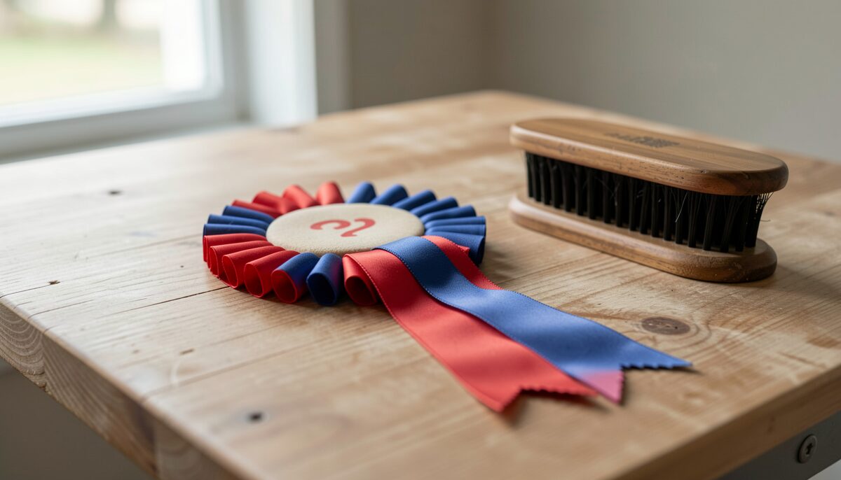 A red and blue prize rosette lying face down on a wooden grooming table beside a bristle brush, ribbon folds only