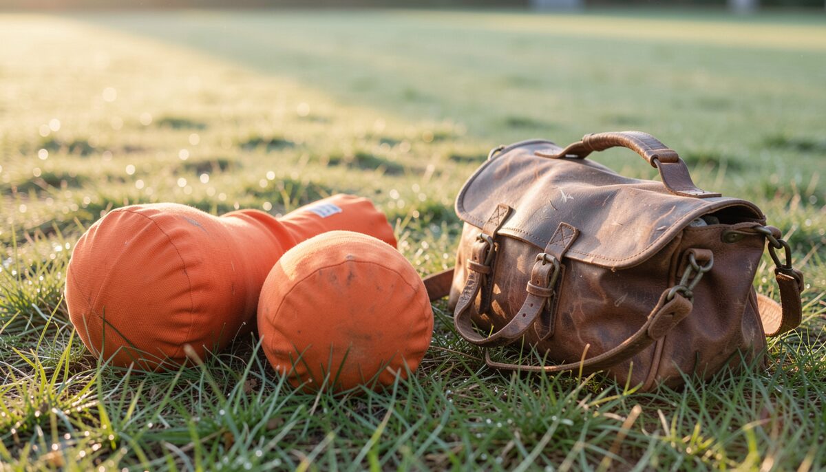 Two orange canvas training dummies and a worn leather game bag laid on wet grass at first light, no people
