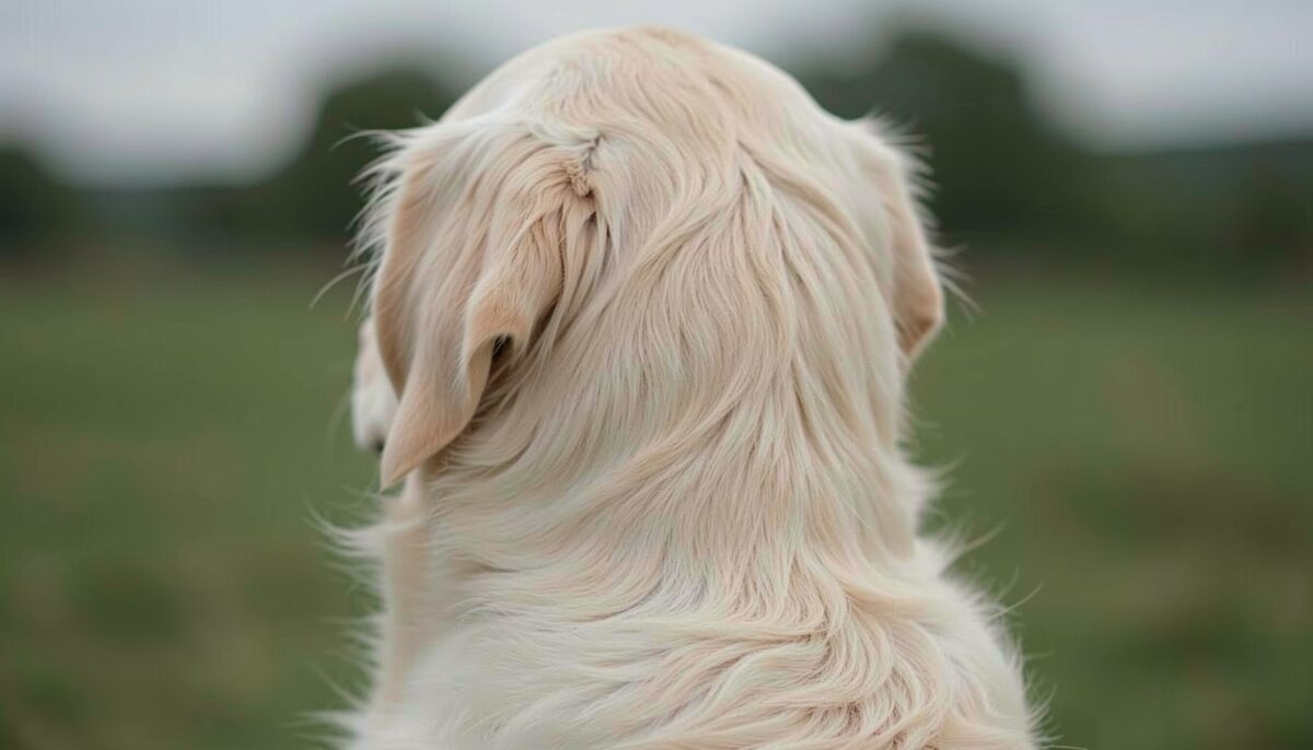 A pale cream golden retriever in soft overcast light, close detail of the coat at the neck and ears