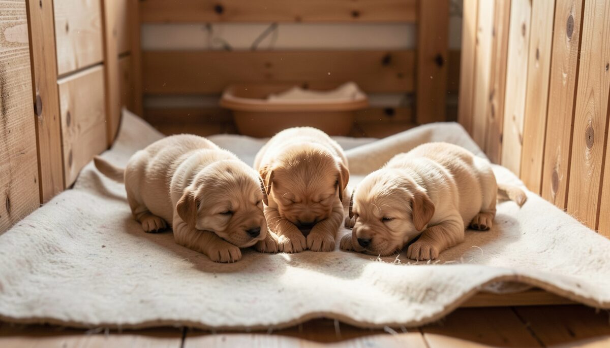 Three six-week-old golden retriever puppies tumbling on a wool blanket inside a wooden whelping pen