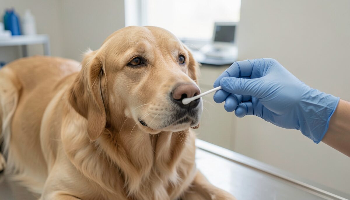 A gloved hand holding a soft cotton swab inside the cheek of a calm golden retriever on a clinic bench