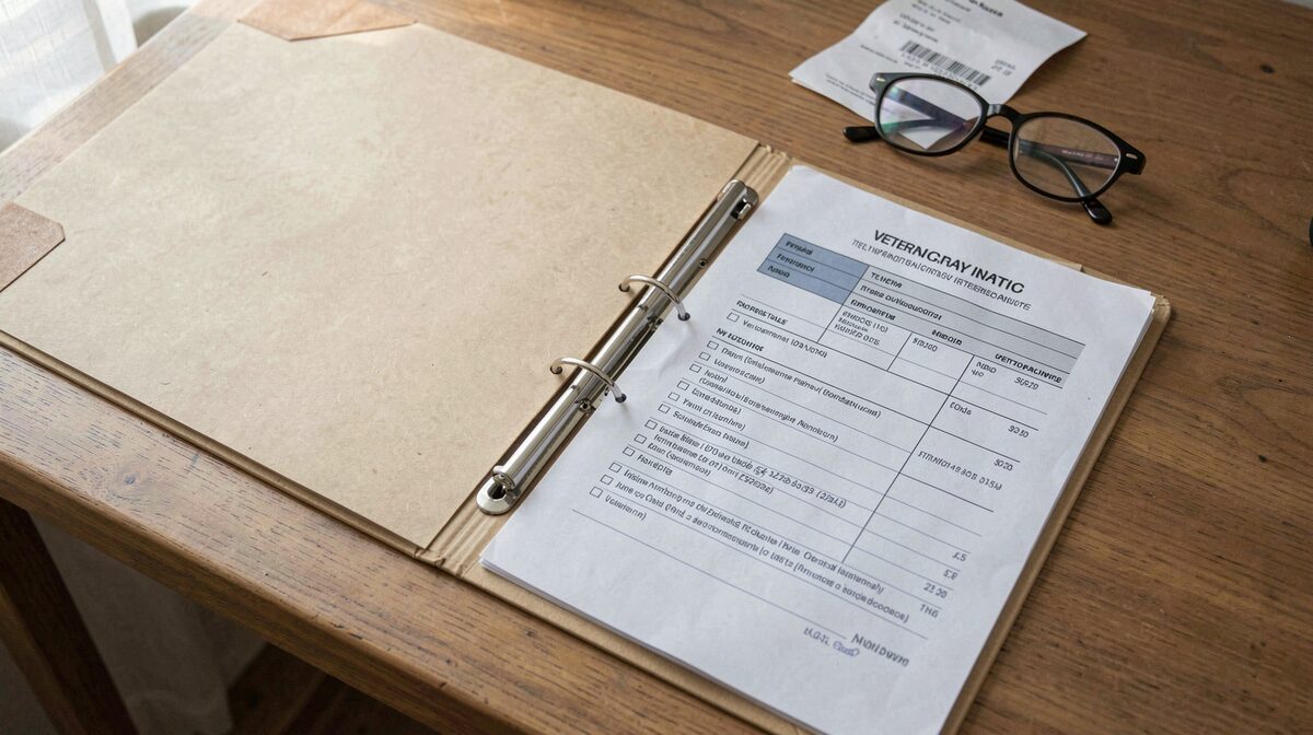 A manila practice file folder open on a wooden desk beside a printed veterinary intake form, a receipt, and reading glasses, lit by soft morning window light, shot from above in a tight documentary framing.