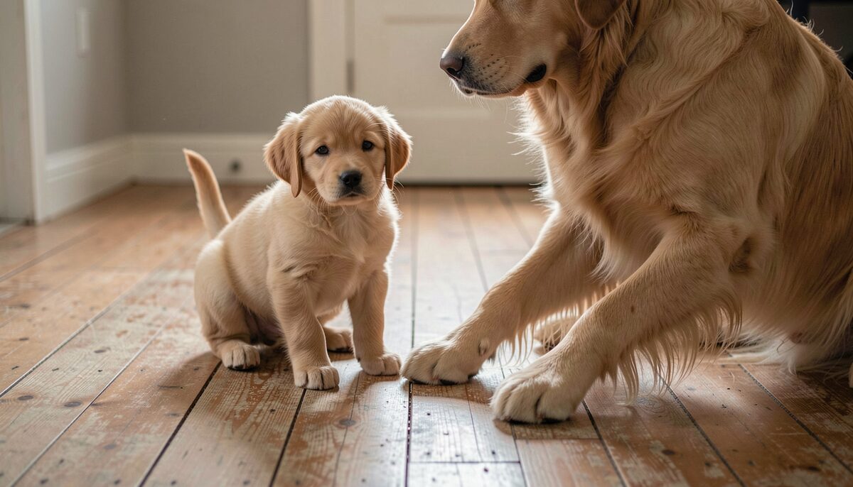A golden retriever puppy standing beside the front paws of an adult golden, the scale difference plain on a worn floor