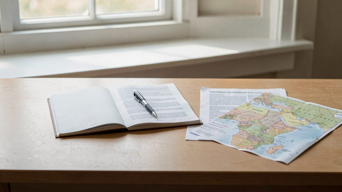 A plain editorial desk by a window with soft morning light: an open notebook, a pen, a printed page of text beside a folded regional map, shot straight on at table height.