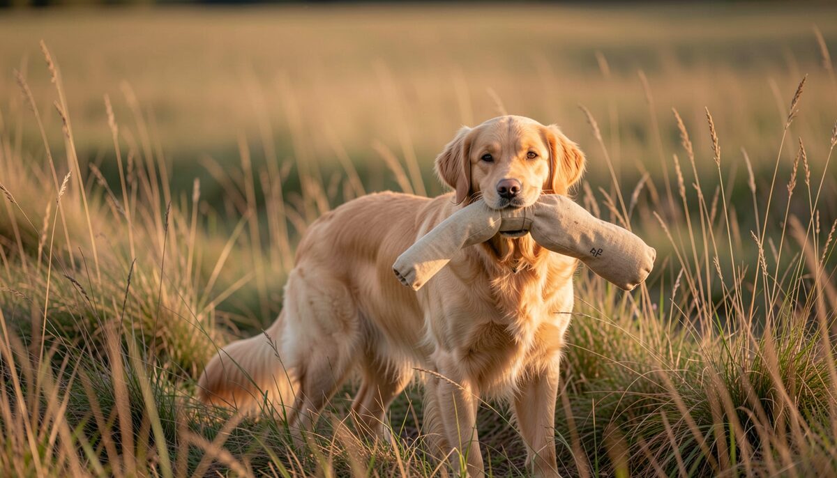 A golden retriever standing in tall dusk grass, a plain canvas training dummy held softly between its jaws, warm last light on the coat