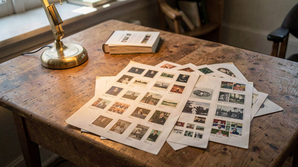 A reading room table with printed archive contact sheets spread under a warm desk lamp, shot from above.