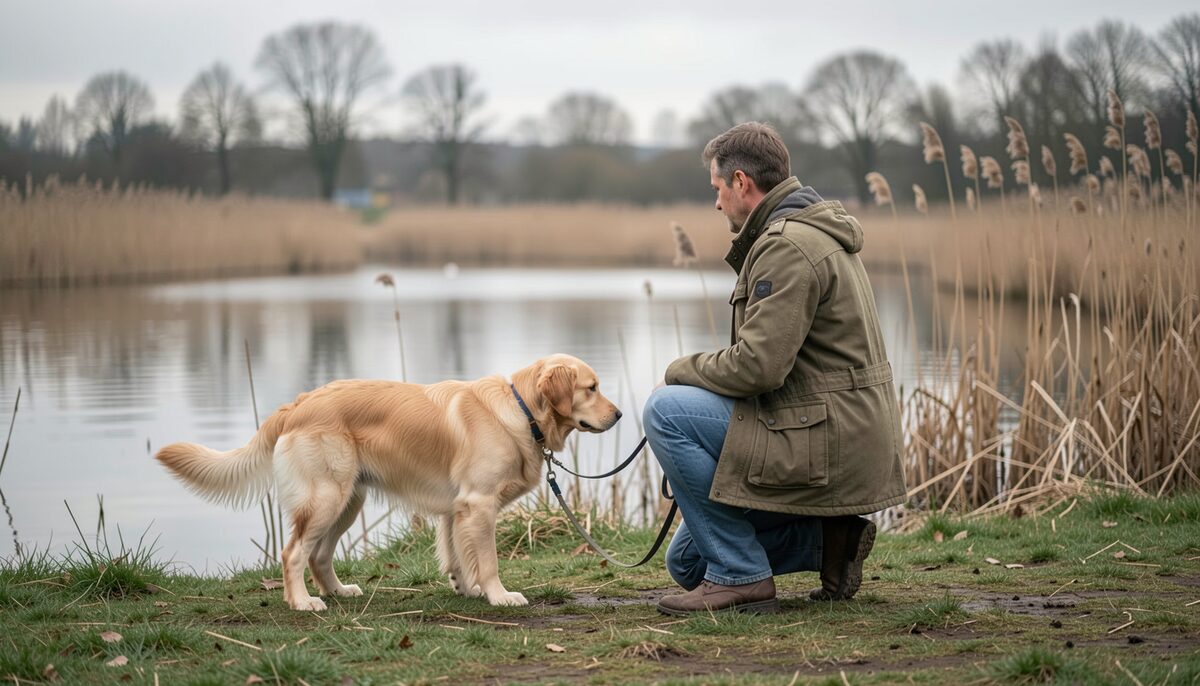 A golden retriever at heel beside a kneeling handler on the edge of a reed-fringed pond, waiting for a mark to fall