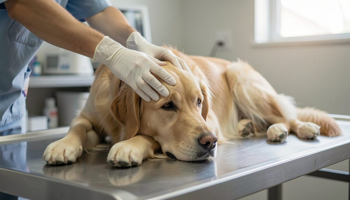 A veterinarian's gloved hands settling a calm golden retriever onto a steel examination table, the dog relaxed