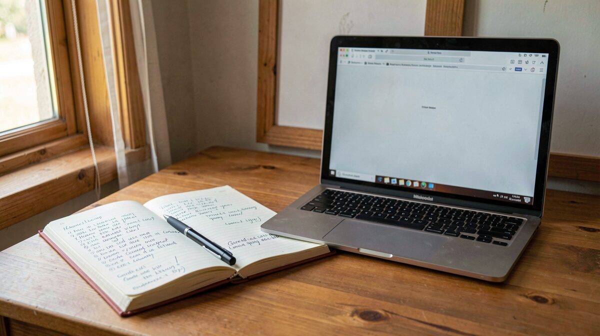 A wooden kennel office desk in daylight, an open ledger of handwritten litter records next to a laptop showing a plain webpage, framed straight-on with soft window light from the left.
