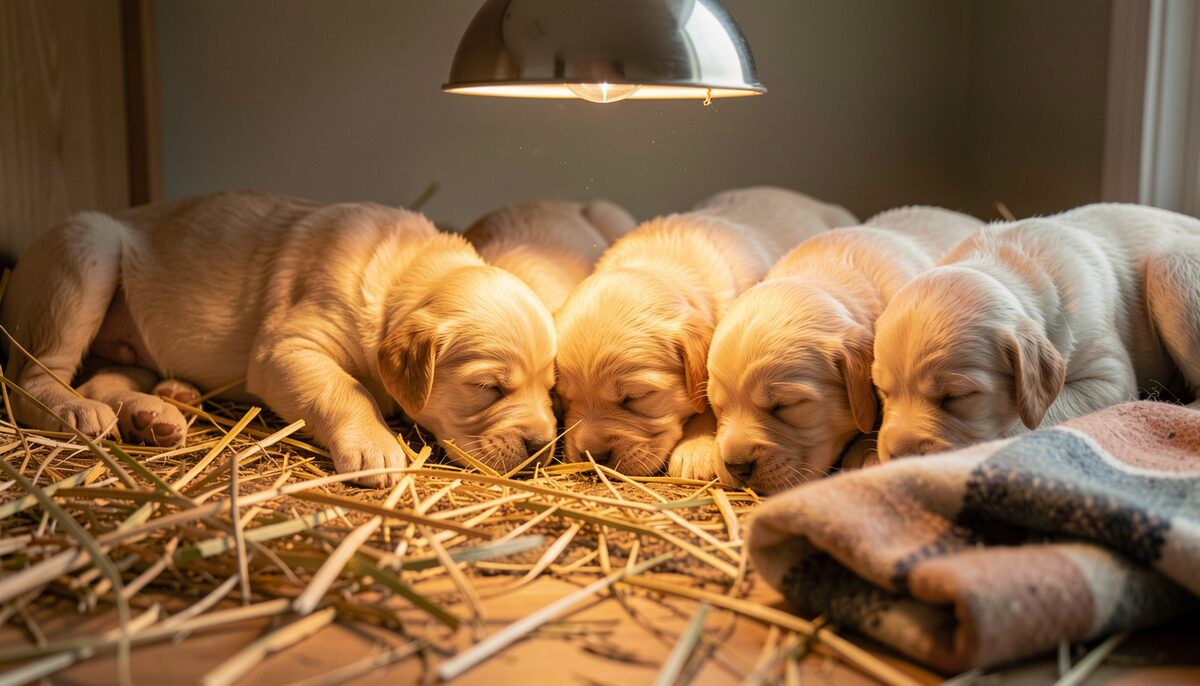 A row of newborn golden retriever puppies nursing under a warm amber heat lamp, straw and a folded blanket