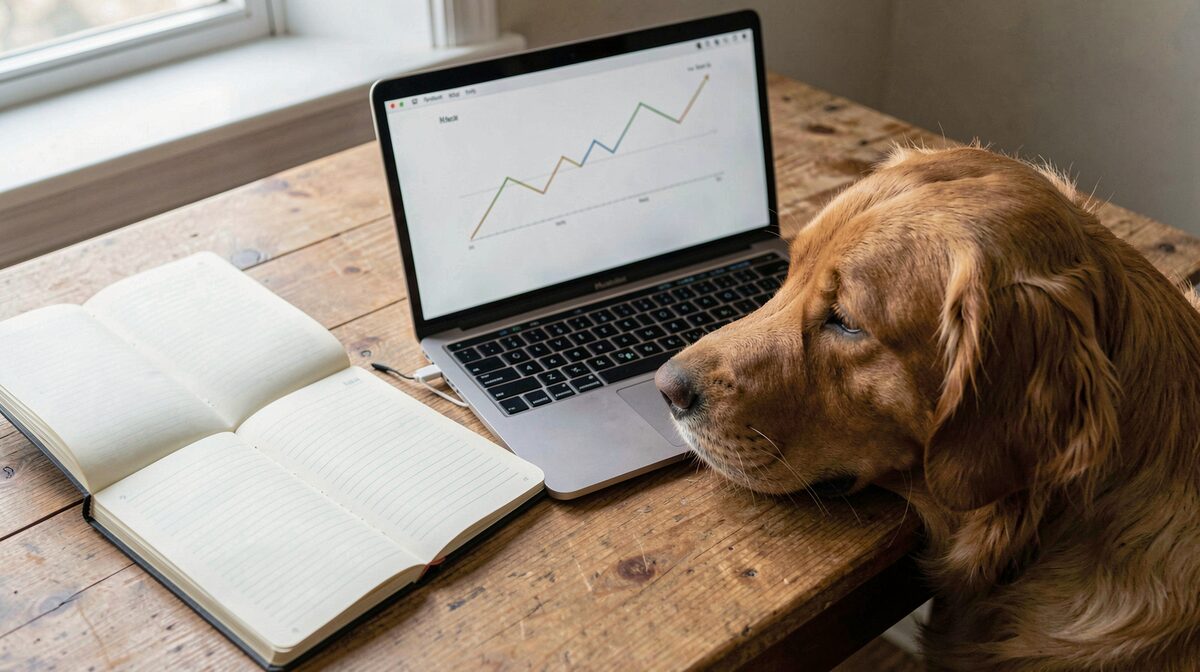 A wooden desk with an open notebook, a laptop showing simple line charts, and a golden retriever's head resting beside the keyboard, in soft morning window light, shot from above.